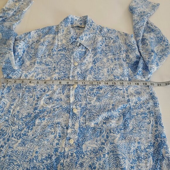Zara Paisley Blue Button Down Long Sleeve Blouse Size Small - Picture 3 of 8
